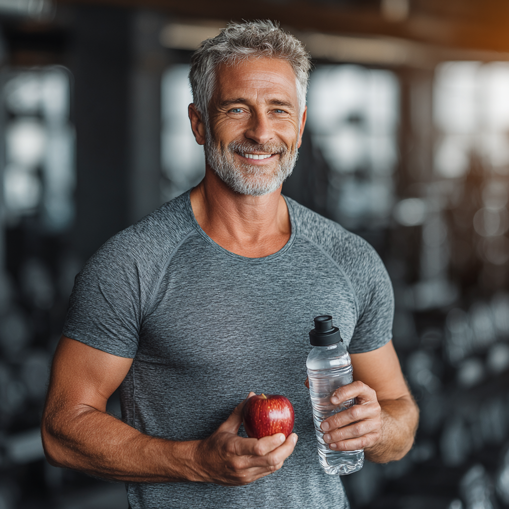 Confident middle-aged man around 50 years old in fitness attire holding a water bottle and fresh apple, smiling at camera in gym environment, representing healthy active lifestyle