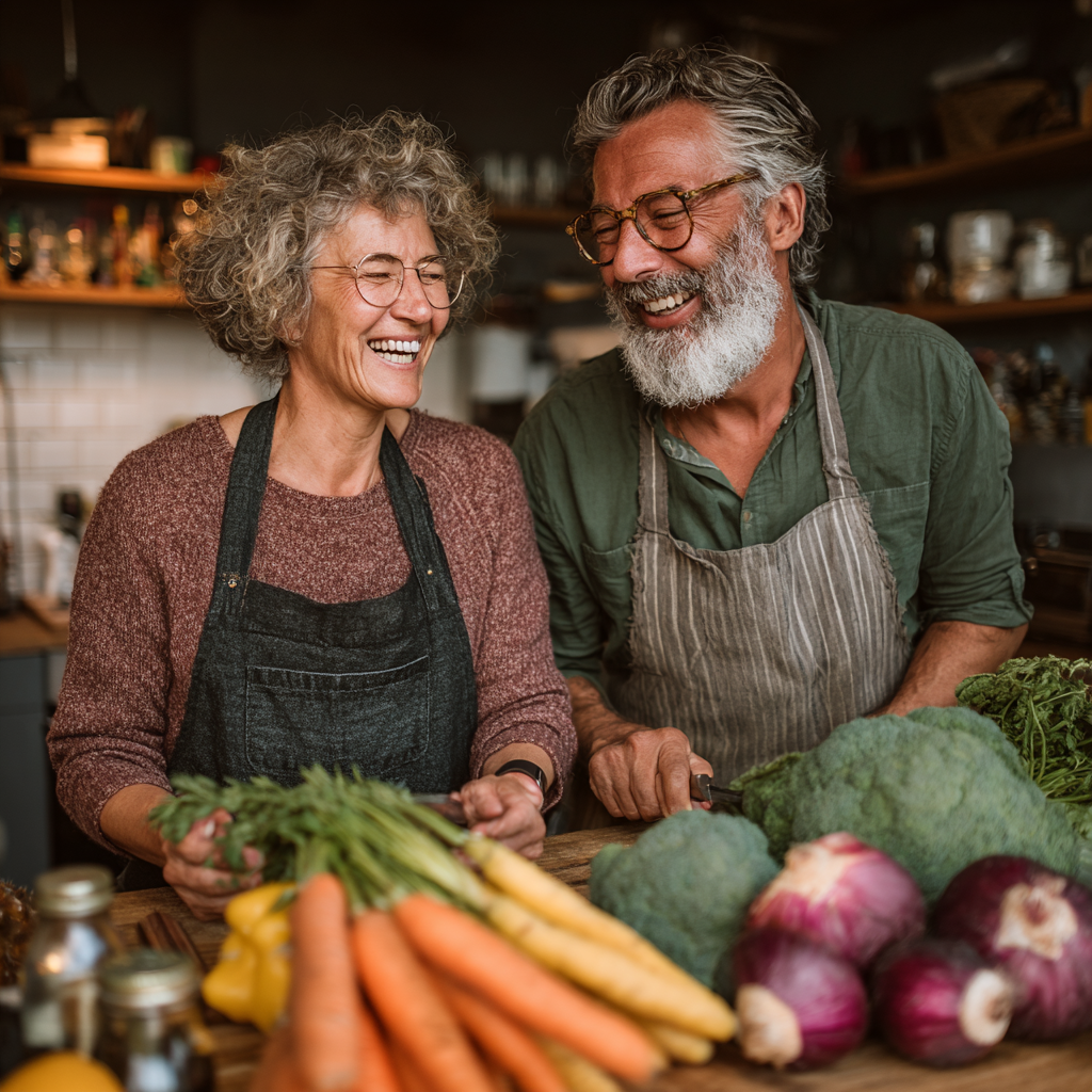 Happy mature couple in their early 50s preparing healthy meal together in kitchen with fresh vegetables and fruits, laughing and enjoying cooking process