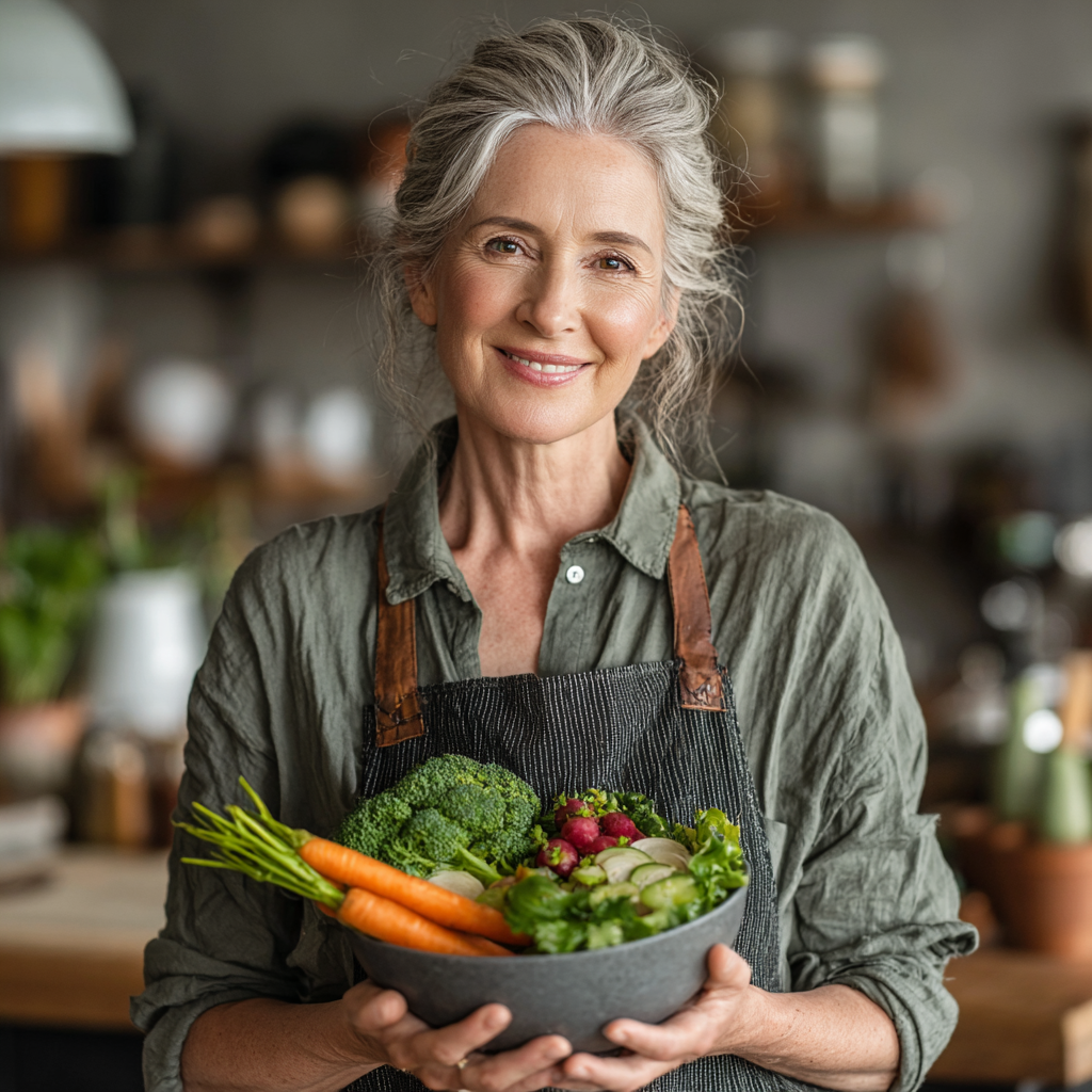 Smiling middle-aged woman in her late 40s holding a colorful fresh vegetable salad bowl in a bright modern kitchen, looking healthy and satisfied